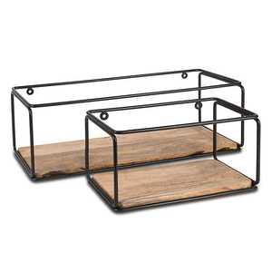 Ensemble de 3 étagères murales à deux niveaux en bois de manguier et en métal, noir, pour pots de fleurs - Product Image 2