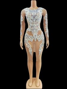 Voir à travers maille femmes Mini robe à manches longues strass perle scène chanteur porter fête d'anniversaire soirée reine tenue DJ DS <span class=keywords><strong>Gogo</strong></span> - Product Image 5