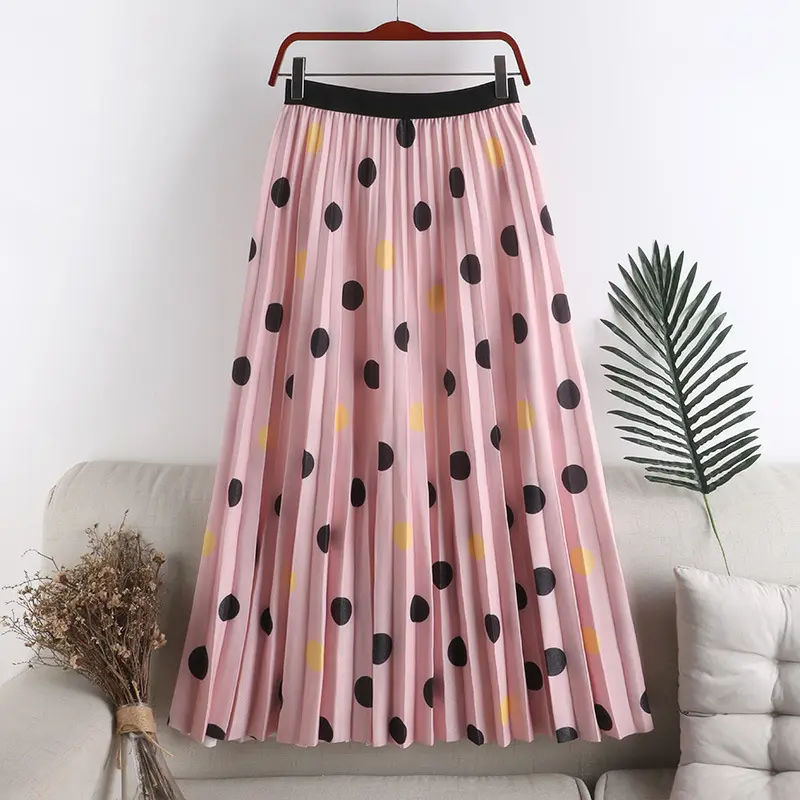 2023 Summer New Simple Style High Waist Slim A-line Printed Polka Dot Pleated Mid-length Skirt Women's Skirt