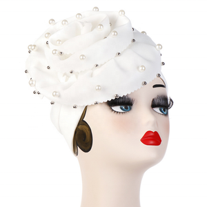 여성 세련된 사이드 큰 꽃 다이아몬드 장식 Turban 모자 이슬람 모자 진주 면화 터번 반다나 Headwrap - Product Image 2