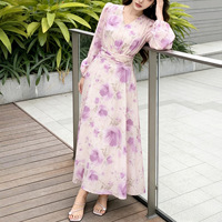 Robe longue féerique élégante à manches longues en double mousseline imprimée, style français, amincissante, motif floral, collection été 2026