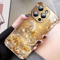 Coque de téléphone de luxe dorée à motif floral, peinte aux UV, pour iPhone 6-17 Pro Max, antichoc, impression à effet d'eau, en verre PC TPU