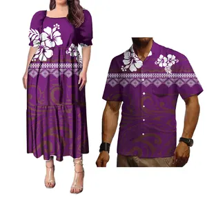 Print On Demand Sommer Kurzarm Paar Outfits Polynesian Hawaiian Hibiscus Plissee Langes Kleid Und Aloha Shirt Paar Set