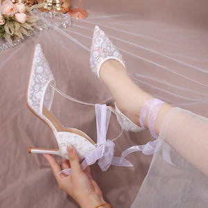 Sandales à talons blancs à lacets pour femmes, chaussures de luxe à bride arrière pour dames - Product Image 5