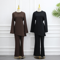 Ensemble 2 pièces Loriya 100 % coton pour femmes musulmanes : haut asymétrique et pantalon large – Tenue décontractée Abaya Dubai Turquie 2026