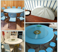 Table de salle à manger ronde pliable en plastique moderne avec structure en acier pour mariages, banquets, fêtes, événements en plein air et restaurants