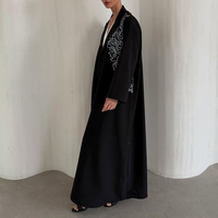 Blazer Kerah Bordir Dubai Abaya Wanita Pola Garis Kontras Abaya Terbuka Kimono Cardigan Gaun Muslim Kaftan Jubah