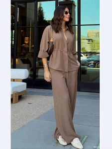 Set di pantaloni estivi da <span class=keywords><strong>donna</strong></span> camicetta top <span class=keywords><strong>pantalone</strong></span> da <span class=keywords><strong>donna</strong></span> Set due pezzi marrone a maniche lunghe tailleur <span class=keywords><strong>donna</strong></span> - Product Image 4