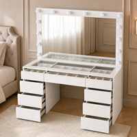 Coiffeuse blanche OEM avec tiroirs à poignées encastrées et plateau en verre, miroir à LED personnalisé, design sur mesure