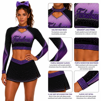 Set Seragam Cheerleading Kustom Hitam Ungu Berhias Rhinestone Kerah Mock Neck Lengan Panjang Rok Mini Belahan Tinggi Set Pakaian Tim Cheer