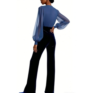 Combinaison pour femme en velours et mousseline - Combinaison formelle à manches longues et col en V profond, coupe évasée, tendance - Product Image 4