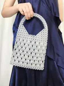 Handmade Transparent Pearl Beads Weave Hollow Tote Bag Women Summer Acrylic Beaded Clutch Handbag Evening Party Purse
