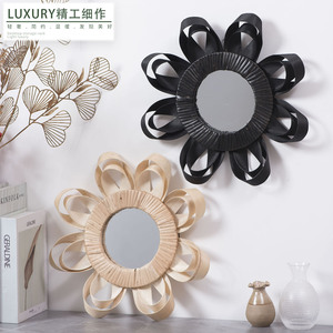 Wicker <b>Round</b> <b>Wall</b> <b>Mirror</b> Black Natural Wood Frame Home Decor Hanging Art For Living Room Entryway - Product Image 1