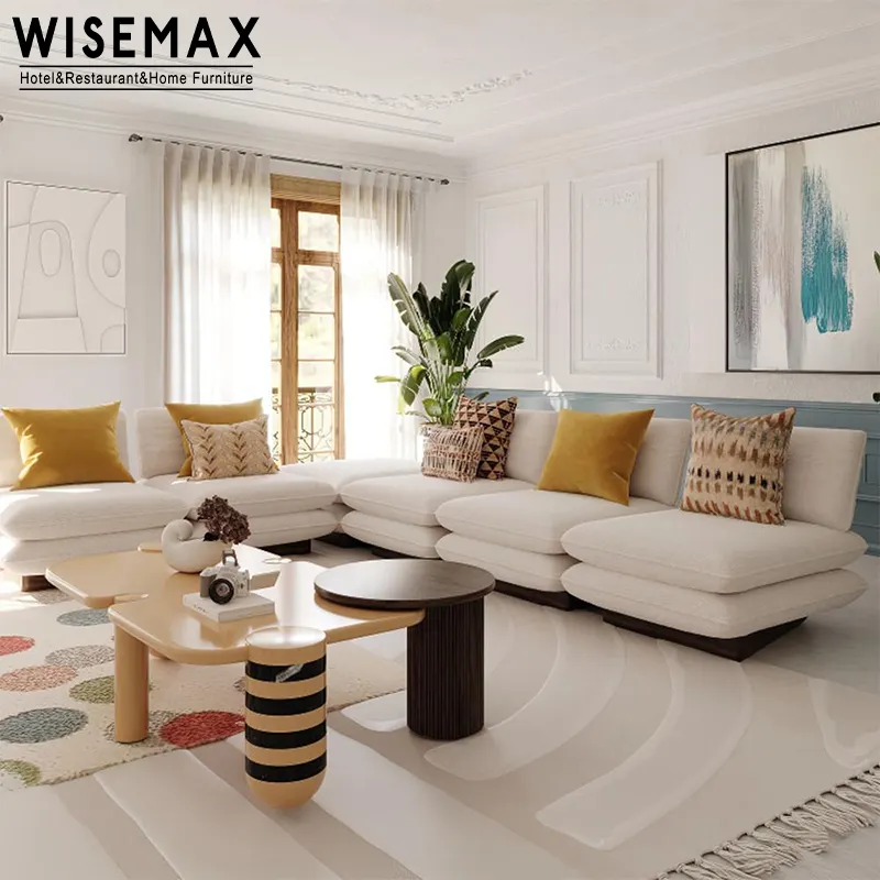 WISEMAX FURNITURE Italian Luxury Living Room Furniture Double Seat Couch Cafe Three Seat Teddy Fabric Sofa Set for Hotel Home