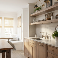 Kabinet Pulau Dapur Modular Modern dengan Pintu Kayu Solid, Badan Kayu Lapis, dan Backsplash Wastafel