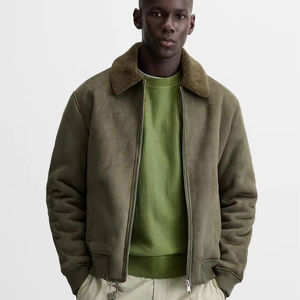 سترة جلدية من جلد الغزال مخصصة عالية الجودة فاخرة بسحاب أعلى سترة بطانة شيربا للرجال - Product Image 1