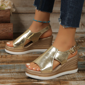 Women Wedge Sandals Summer New European and American Style Platform Thick Sole Large Hollow Shiny Buckle Sandals - Product Image 1