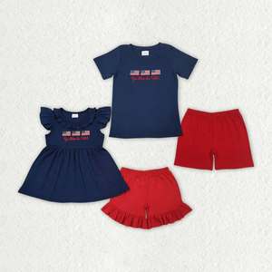 Tenues patriotiques pour enfants RTS 4 juillet, ensembles frères et sœurs en soie de lait à étoiles et rayures, robe smockée pour bébés filles et shorts pour bébés garçons, 2 pièces décontractées - Product Image 6