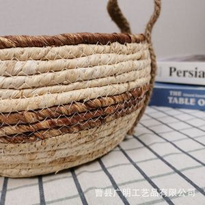 Handmade Woven Storage <b>Baskets</b> Round With Handles For <b>Bread</b> Fruit Snacks Living Room Tabletop Use - Product Image 4