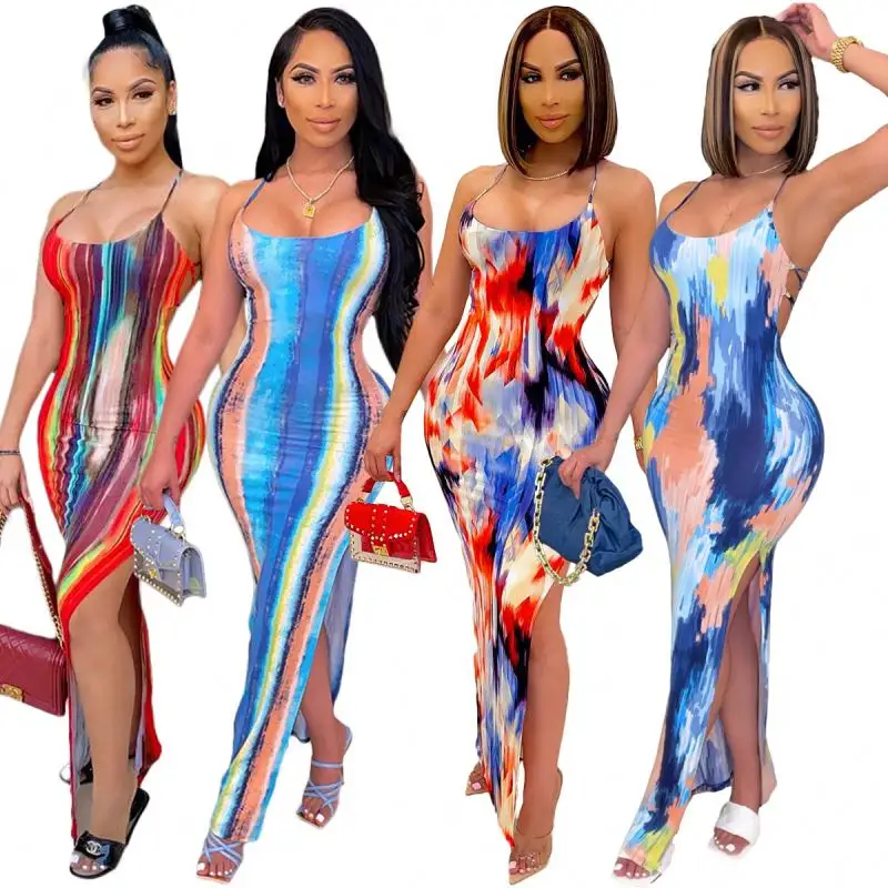 Hot sale Colorful women's long summer dress with tie-dye printing halter straps women's sun skirt lace-up dress
