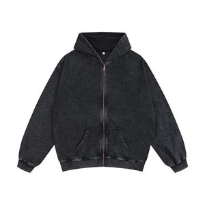 Sweat à capuche zippé en coton surdimensionné personnalisé, broderie délavée, sweat à capuche zippé streetwear, sweat à capuche court avec strass pour homme - Product Image 1