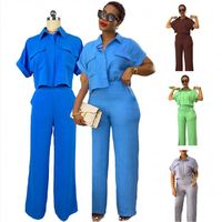 Ensemble tendance été, chemise à manches courtes boutonnée décontractée avec pantalon large, en tricot extensible/polyester, coupe classique
