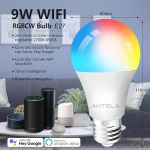 Lampadina LED Intelligente Antela A19 9W, Controllo WiFi via App, Cambio Colore RGB, Dimmerabile, Luce Bianca per Montaggio a Soffitto Domestico - Product Image 6