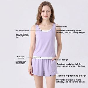 Completo da <span class=keywords><strong>donna</strong></span> in cotone e modal: canotta e pantaloncini traspiranti, senza maniche, due pezzi, estivo, leggero, sportivo, multicolore, per il tempo libero - Product Image 1