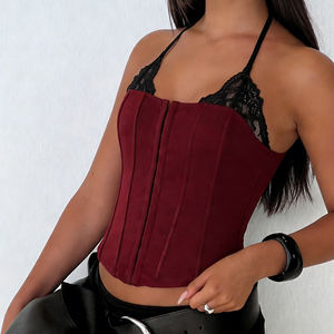 Vintage <b>Lace</b> Panel Halter Top-Sexy <b>Corset</b>-Inspired CAMIS with Slim Fit Crop Design Knitted - Product Image 4