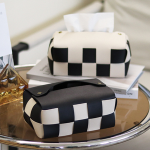 Table à manger de luxe haut de gamme nordique noir blanc damier cuir moderne lumière rabattable boîte à mouchoirs en papier tissé - Product Image 5