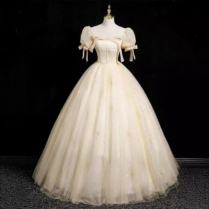 Champagne Off The Shoulder A Line Organza Evening Gown Empire Waist Vintage Style Dress - Product Image 2