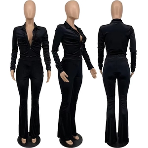 PEEQI BX6072 Completo Casual da <span class=keywords><strong>Donna</strong></span> in <span class=keywords><strong>Velluto</strong></span>, Set 2 Pezzi con Top Corto Arricciato con Bottoni e Pantaloni a Zampa - Product Image 6