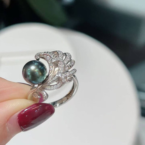Peacock Tail style 8-9mm Tahitian Black Pearl <b>Ring</b>, Colorful Luster Seawater Pearl, <b>925</b> Sterling <b>Silver</b> Vintage Ornate Jewelry - Product Image 1