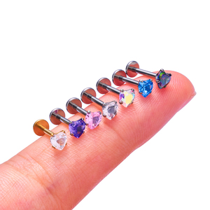 Orecchini a perno a forma di cuore quadrato in acciaio inossidabile 316L con zirconi CZ, piercing per labret e trago con filettatura interna, gioielli alla moda per il corpo - Product Image 5