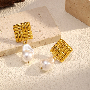 Boucles d'oreilles carrées en acier inoxydable plaqué or à la mode bijoux de mode boucles d'oreilles pendantes en perles pour femmes <span class=keywords><strong>E491</strong></span> - Product Image 5