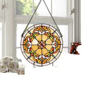 Panneau de fenêtre en verre Tiffany massif de 12 pouces, style baroque, motif floral jaune, avec crochet à chaîne, pour salon et cuisine - Product Image 6