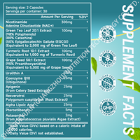 Complément alimentaire OEM NAD+ Resvératrol Urolithin-A Complex 60 capsules CoQ10 Apigénine Énergie Cellulaire Antioxydant Vitalité pour
