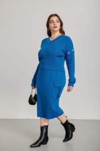 Ensemble deux pièces tricoté élégant pour femme, <span class=keywords><strong>grande</strong></span> <span class=keywords><strong>taille</strong></span>, avec boutons étoiles, pull <span class=keywords><strong>et</strong></span> jupe, collection hiver 2026 - Product Image 2