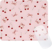 Alas Mouse Persegi Panjang Motif Ceri Pink Kecil dan Pita, Custom Pink dengan Kain Anti Air, Alas Meja Karet dengan Kantong Serut