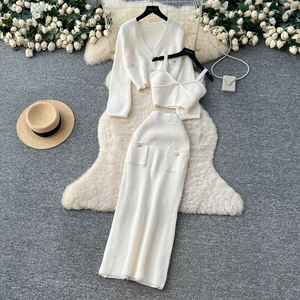 Set Economico da Donna in Due Pezzi: Top con Scollo a V e Bordi in Pizzo, Cardigan a Maniche Lunghe con Gonna Midi a Vita Alta, Stile da Ufficio - Product Image 3