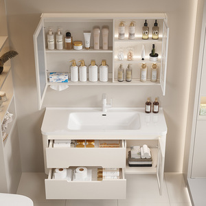 Meuble de salle de bain simple en céramique avec coins arrondis, lavabo intégré intelligent pour le lavage des mains - Product Image 2