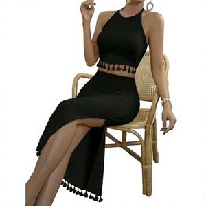 Boho Knit Tassel Trim <b>Crop</b> <b>Top</b> & Side Slit <b>Maxi</b> <b>Skirt</b> Set - Product Image 1