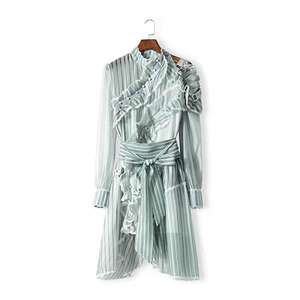 Vestiti delle Donne della molla O Collo <span class=keywords><strong>Maniche</strong></span> <span class=keywords><strong>Lunghe</strong></span> <span class=keywords><strong>In</strong></span> Pizzo Trim Ruffles A Strisce Di Modo Asimmetrico Abiti Firmati - Product Image 4