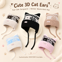 Bonnet tricoté pour femme avec oreilles de chat 3D, motif Fair Isle Jacquard, chaud pour l'hiver, avec cache-oreilles et sangles à nouer, idéal pour le ski en extérieur