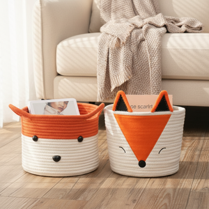 Cestini Portaoggetti Intrecciati in Corda di Cotone Naturale a Forma di Volpe, Pieghevoli per Organizzare Giocattoli e Libri - Product Image 1