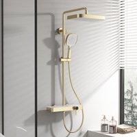 Ensemble de douche de style hôtelier en laiton massif doré brossé avec grande étagère, série blanc laiteux, pommeau de douche pressurisé
