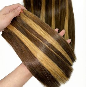 Perruque et mèches de cheveux humains vietnamiens en gros, brun avec reflets blonds, couleur piano, cheveux lisses, fournisseur d'usine - Product Image 1