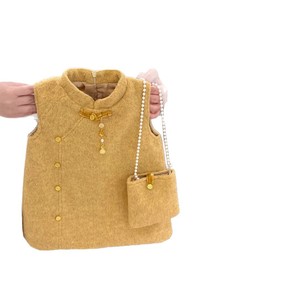 Tongxingyuan Girl's Traditional Chinese Vest Dress Gold New Year Outfit With Pearl Bag Pocket Design - Product Image 5