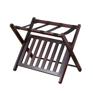Fully Assembled Luggage Rack for Guest Room, Foldable 5 Straps Bamboo Suitcase Stand with Storage Shelf for Hotel