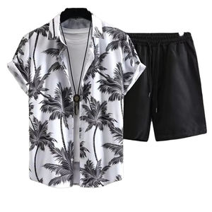 Men's 2 Piece Breathable Knitted Yarn Dyed Casual Short Sleeve Button <b>Down</b> Shirt Beach Summer Loose <b>Pant</b> Sets 100% Polyester - Product Image 1